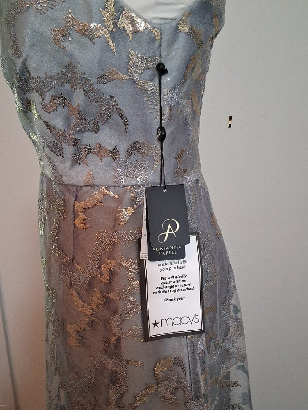 Adrianna Papell One-Shoulder Silver And Gold Metallic Lace Gown - Picture 2 of 9